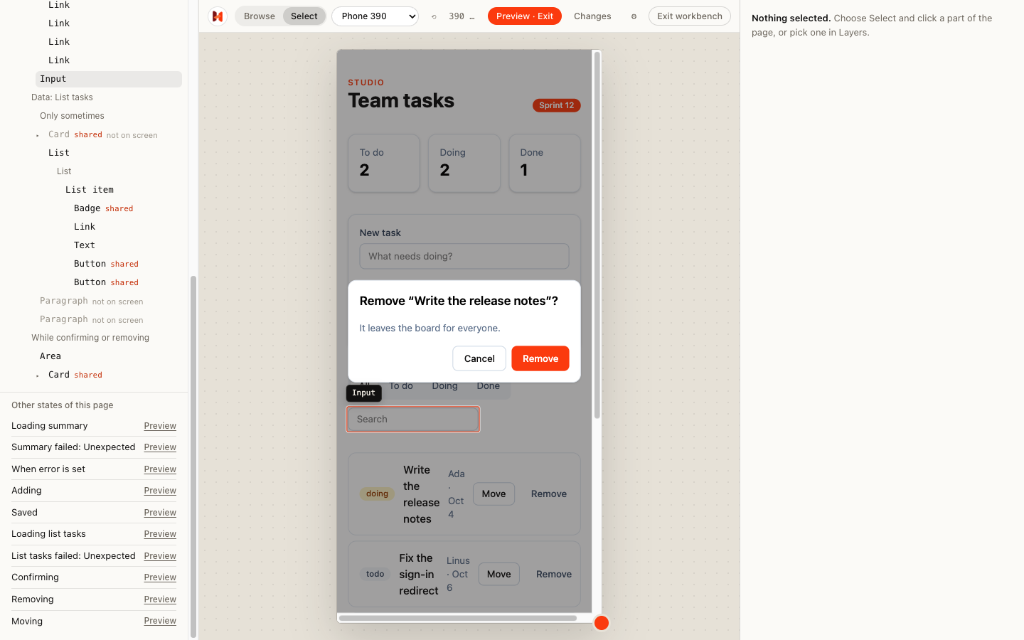 The Workbench: the task board at phone size showing the remove confirmation, with Layers and its other states on the left