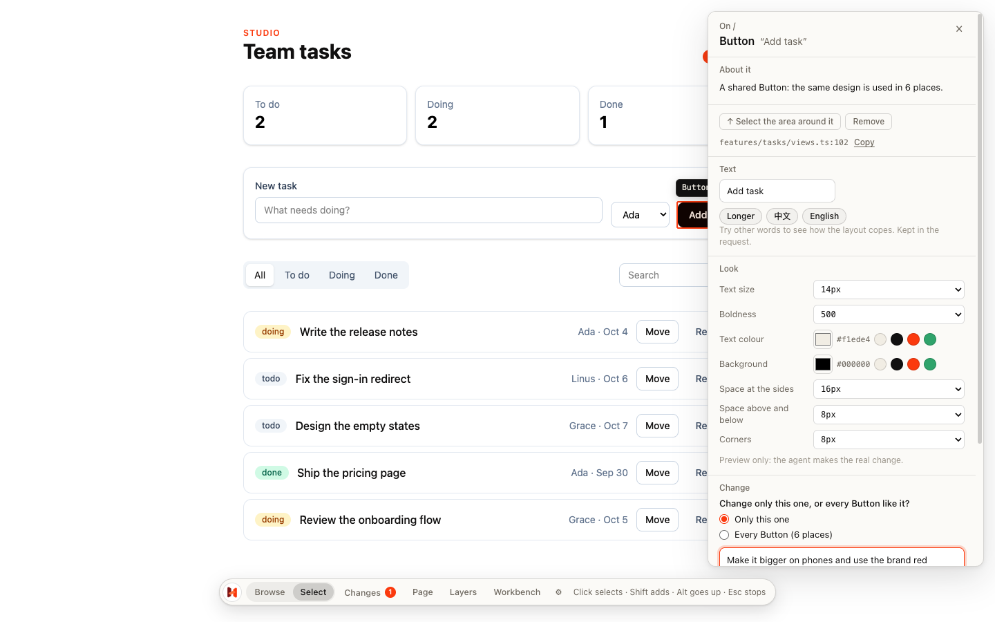 Hozu DevTools on a task board: the Add task button is selected and the inspector shows it is a shared Button used in six places