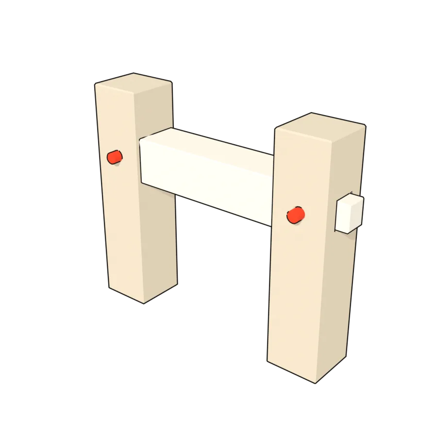 A tenon joint: two posts, a beam with two tenons and two red pegs